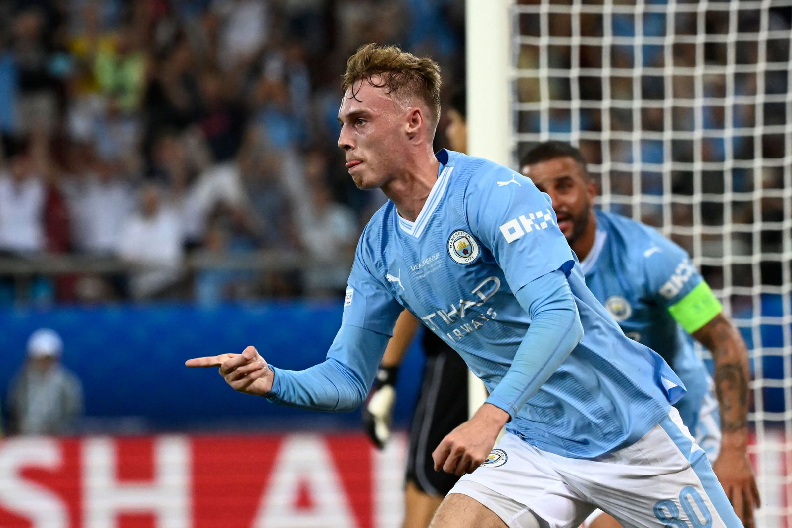 Piraeus, Greece. 16 August, 2023: Cole Palmer of Manchester City celebrates  after scoring with Rodri of Manchester City during the UEFA Super Cup 2023  match between Manchester City FC and Sevilla FC