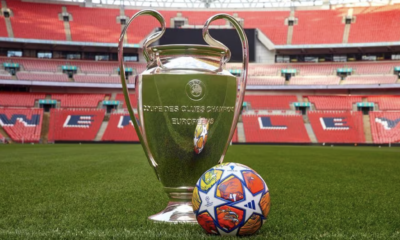 The adidas UCL Pro Ball London alongside the trophy at Wembley Stadium [via UEFA]